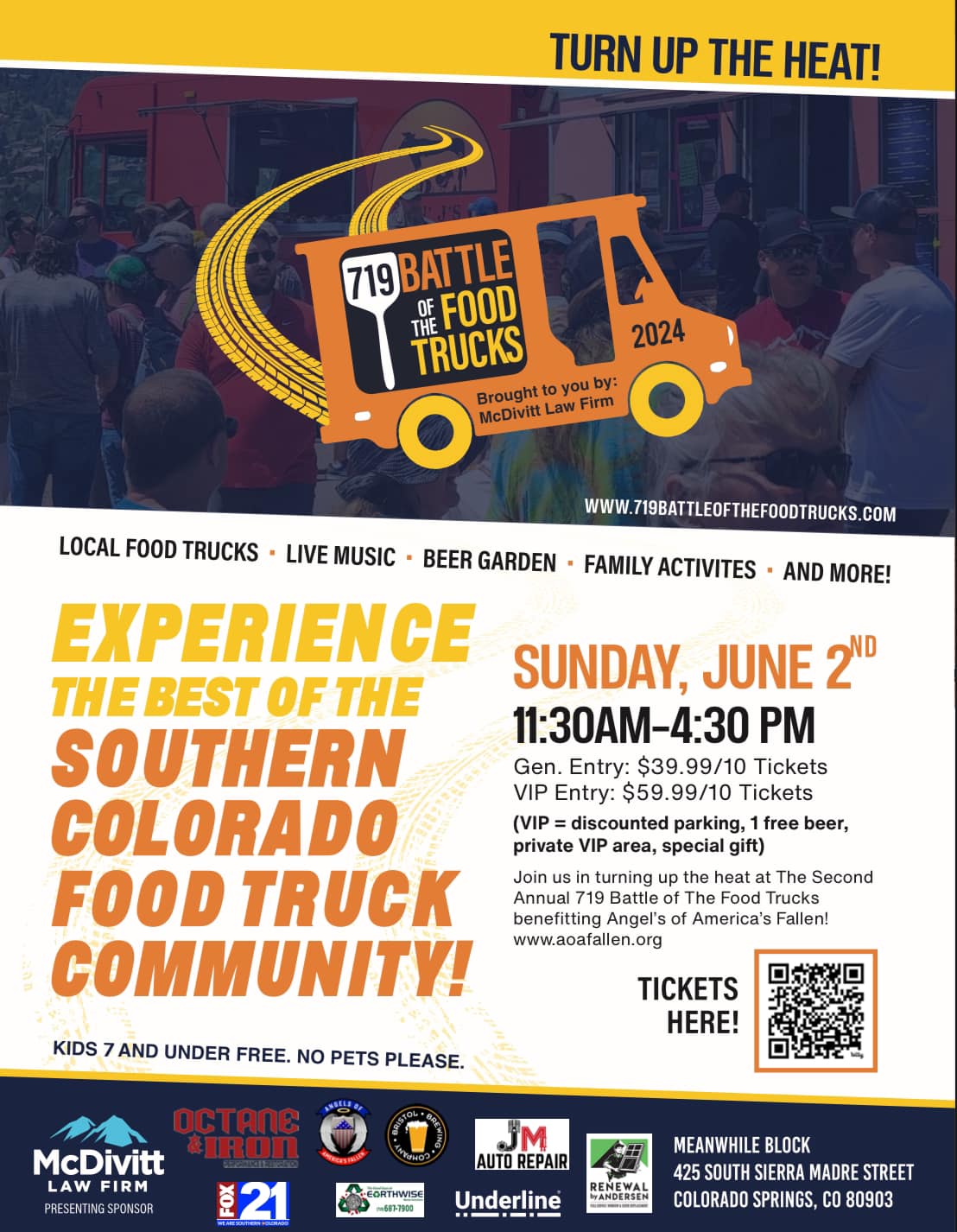719 Battle of the Food Trucks Flier 6-3-24 @ Meanwhile Block 425 S Sierra Madre St 1130am-430pm